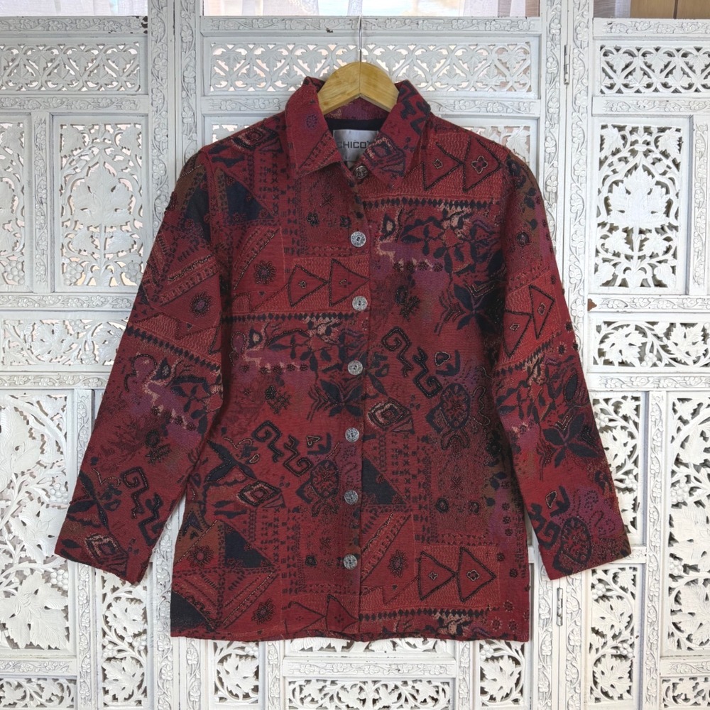 NWT Chicos Red Beaded Aztec Artsy Boho Geometric‎ Button Up Jacket Sz Small